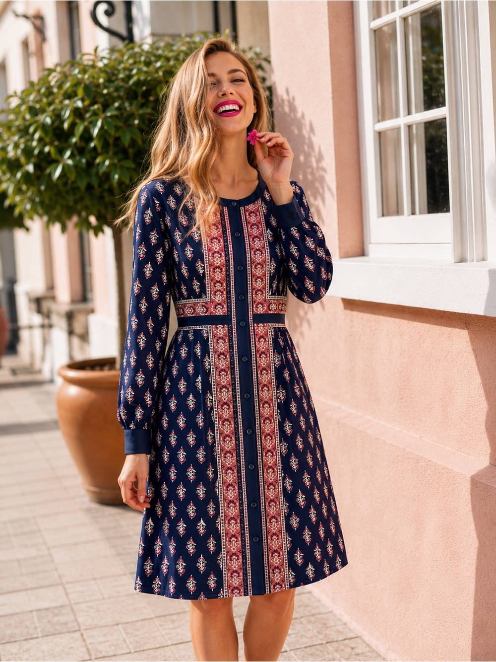 Gal Meets Glam Carlene Woodblock Print Dress‎ Size 8 Navy Romantic